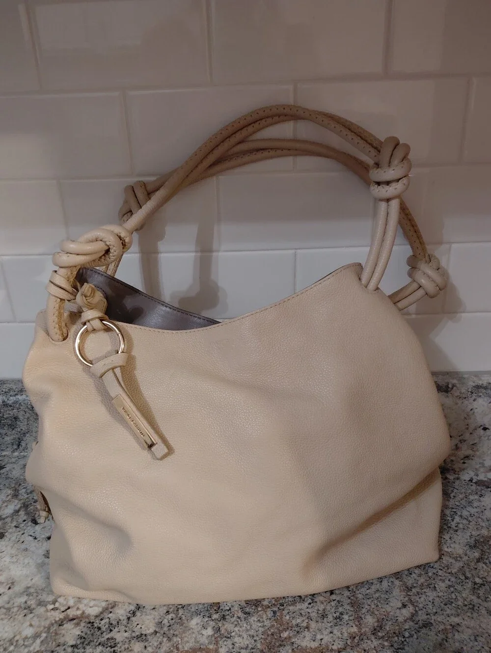 Vince Camuto Cream Pebbled Leather Knotted-Handle Hobo Bag Purse
